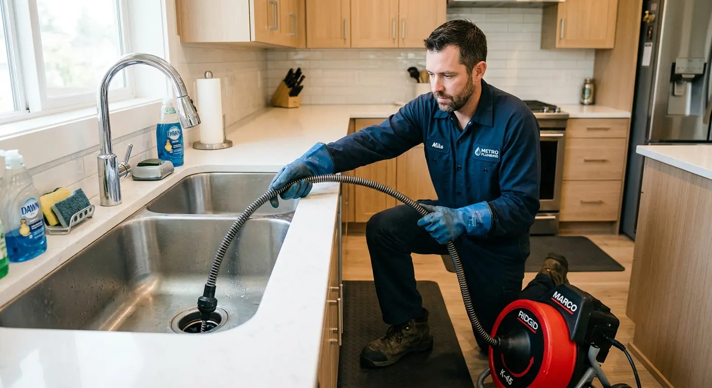 Drain cleaning technician using a motorized snake on a kitchen sink in Gurnee