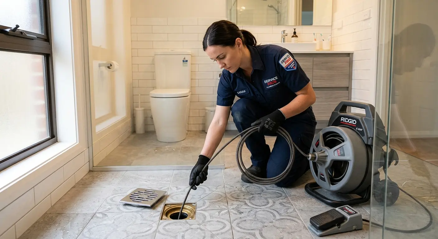 Technician clearing a bathroom floor drain for Drain Cleaning in Gurnee